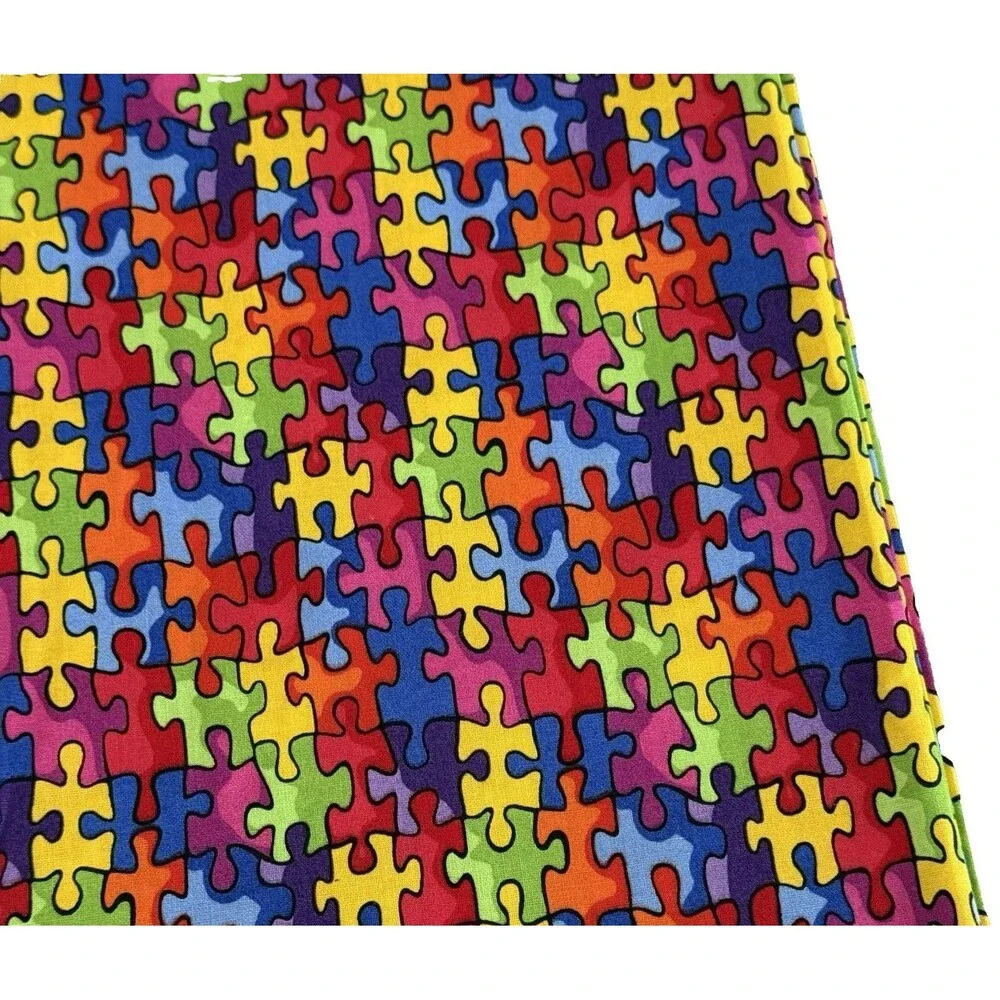 Jigsaw Puzzle Quilt Fabric AUTISM AWARENESS Cotton Print BTY Rainbow Sew 19596